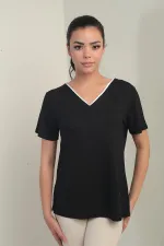 Women's White V-Neck Lycra Blouse with Trim