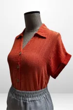 Kadın Polo Yaka Kendinden Desenli Keten Gömlek