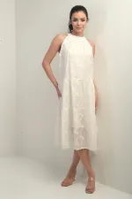 Women's Halter Neck Lace-Up Lined Embroidered Midi Dress