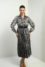 Women's Half-Front Button-Down Belted Lined Snake Pattern Pleated Midi Satin Dress