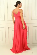 Kadın İp Askılı Yanları Yırtmaçlı Astarlı Volanlı Şifon Uzun Elbise