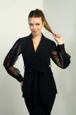 Women's Double-Breasted, Lined Jacket with Organza Sleeves and Sequin Belt.