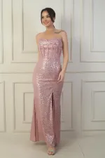 Women's Strapless Underwired Back Lace-Up Lined Slit Sequin Long Dress