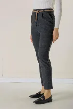 Bel Lastikli Kemerli Yandan Cepli Ekose Dar Paça Pantolon