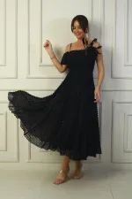 Women's Strappy Back Lace-up Dropped One-Sleeve Dress with Feather Brooch and Lined Glossy Fabric