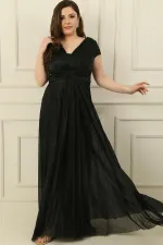 V Yaka Beli Ve Önü Drapeli Astarlı Piliseli Simli Uzun Krep Elbise