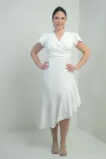 Women's Wrap Neckline Draped Front Lined Ruffled Skirt Plus Size Crepe Dress