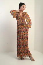 Kadın V Yaka Astarlı Çiçek Desenli Komple Pileli Şifon Uzun Elbise