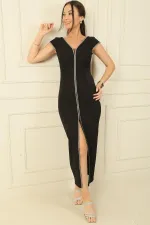 V-Neck Double Sleeve Dress with Rhinestone Embellishment and Slit