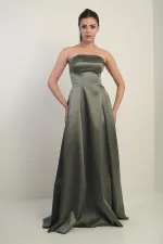 Kadın Straplez Astarlı Cepli Uzun Saten Abiye Elbise