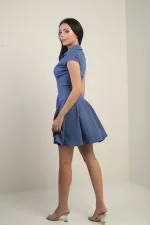 Kadın Polo Yaka Ay Kollu Likralı Kloş Kısa Elbise