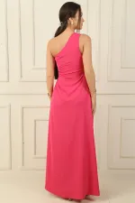 Women's One-Shoulder Long Crepe Satin Dress with Side Window Detail