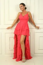 Kadın İp Askılı Yanları Yırtmaçlı Astarlı Volanlı Şifon Uzun Elbise