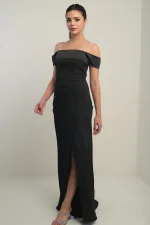 Women's Embellished Thin Strap, Dropped Sleeve Satin Madonna Neckline Lined Draped Double Fishtail Dress