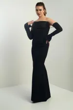 Kadın Straplez Takma Kollu Telalı Astarlı Krep Uzun Abiye Elbise