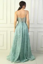 Kadın İp Askılı Boncuk Detaylı Pul İşlemeli Astarlı Uzun Abiye Elbise