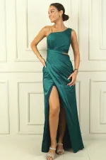 Tek Omuz Bel Dekolteli Zincirli Saten Abiye Elbise