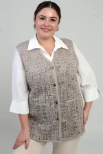 Kadın Önü Metal Düğmeli Celi Kazayağı Desenli Büyük Beden Kısa Triko Yelek