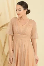 Robe longue en tissu dahlia pailleté à motif araignée, manches courtes ballon, devant et dos, col en V