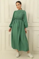 Laced Linen Effect Long Dress