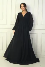 Önden Bağcıklı Balenli Astarlı Uzun Şifon Elbise