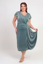 Women's Front and Back V-Neck Waist Stone Detail Lined Glitter Sandy Fabric Plus Size Midi Dress