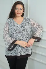 Kadın V Yaka Desenli Büyük Beden Şifon Bluz