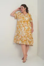 Kadın V Yaka Karışık Yaprak Desenli Cepli Eteği Fırfırlı Büyük Beden Elbise