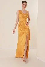 Long Satin Dress with One Side Rope Straps, Beaded Guipure Detail, Lining and Front Slit