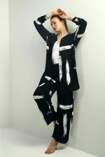 Women's Side Slit Tunic Shirt, Elastic Waist Pocketed Paazzo Pants, Brush Pattern Oversize 2-Piece Set