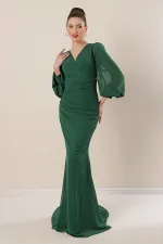 Double-Breasted Front Pleated Lined Long Chiffon Dress