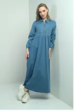 Kadın Önü Yarım Fermuarlı Önü Ve Yanı Cepli Uzun Kot Elbise