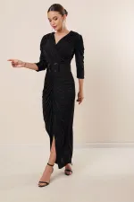 Beli Kemerli Kolları Önü Büzgülü Astarlı Likralı Elbise