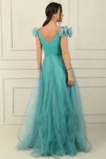 Ön Arka V Yaka İp Askılı Düşük Kollu Önü Taş Detaylı Astarlı Uzun Tül Elbise