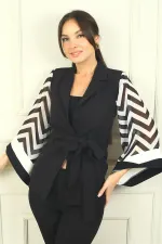 Kadın Kolları Zikzak Desen İspanyol Şifon Kollu Beli Kuşaklı Astarlı Ceket