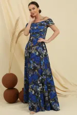 Madonna Collar Front Draped Lined Floral Patterned Long Chiffon Dress