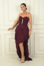 Strapless Front Stone Detail Draped Lined Side Slit Flounce Long Tulle Dress
