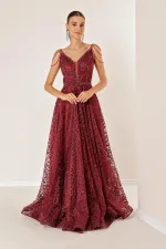 İnce Askılı Boncuk Detaylı Arkası Bağlamalı Astarlı Çiçek Sim Flok Baskılı Uzun Elbise