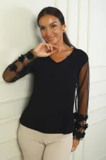 Kadın Ucu 3 Boyut Çiçekli Tül Kol Çilek Bluz