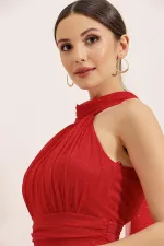 Boyundan Bağlamalı Astarlı Simli Uzun Elbise