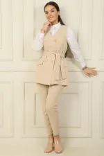 6 Düğmeli Sahte Cepli Kuşaklı Yelek Beli Lastikli Dar Paça Pantolon 2'li Takım