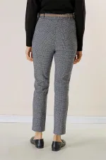 Bel Lastikli Kemerli Yandan Cepli Ekose Dar Paça Pantolon