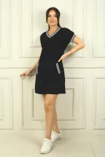 Kadın V Yaka Cepli Kısa Kollu Şerit Detaylı Elbise