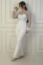 Women's Tulle Leaf Flock Printed Belted Crepe Jumpsuit with Feathered Sleeves