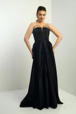 Women's Strapless Lined, Front Underwired, Piped, Pocketed, Flared Long Satin Evening Dress