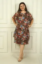 Kadın Yuvarlak Yaka Kısa Kollu Astarlı Çift Katlı Çiçekli Büyük Beden Şifon Elbise