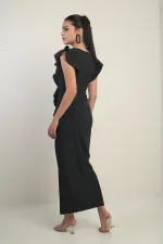 Robe longue pour femme avec roses brodées sur l'épaule, doublée, fente sur le devant et volants