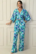 Two-Piece Set of Palazzo Pants with Elastic Waist, Pockets, Front and Back V-Neck, Crop Top, and Ethnic Pattern.