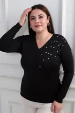 Women's V-Neck Plus Size Stoned Knit Blouse