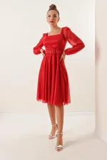 Square Neck Belted Balloon Sleeve Lined Glittery Dress